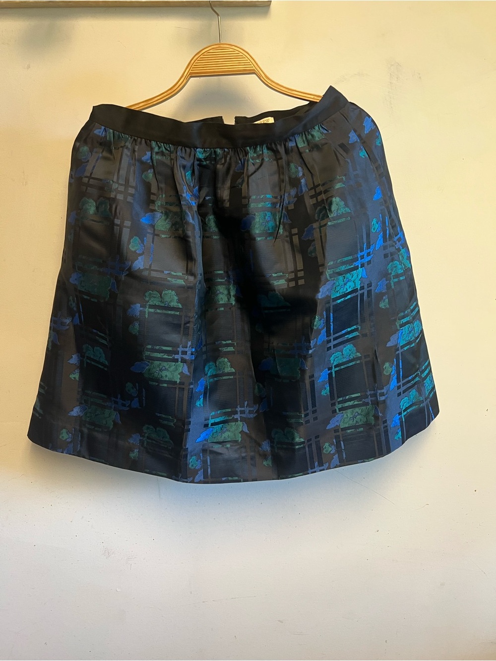 J. Crew Black Skater Skirt with Blue and Teal Metallic Print